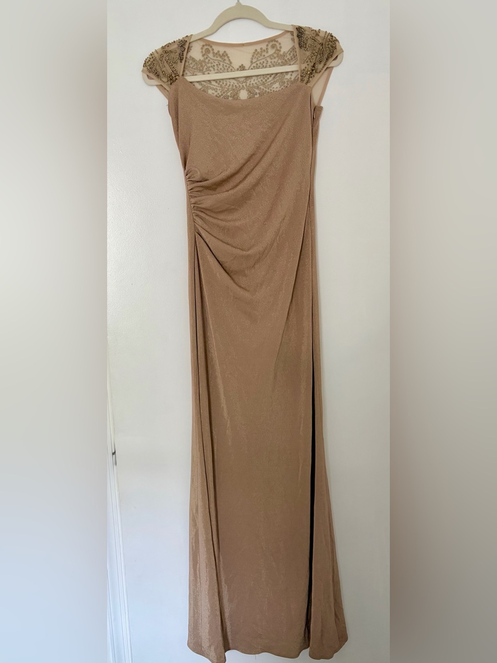 David Miester Elegant Lace Evening Gown in shimmery champagne gold. Size 4.